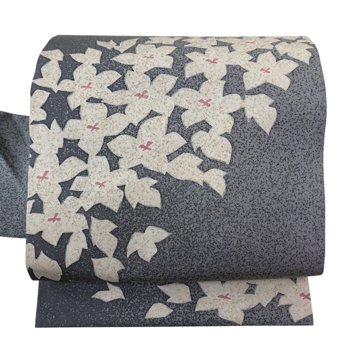 【美品】 名古屋帯 秀品 落款 花 花びら 青灰色 正絹 【中古】
