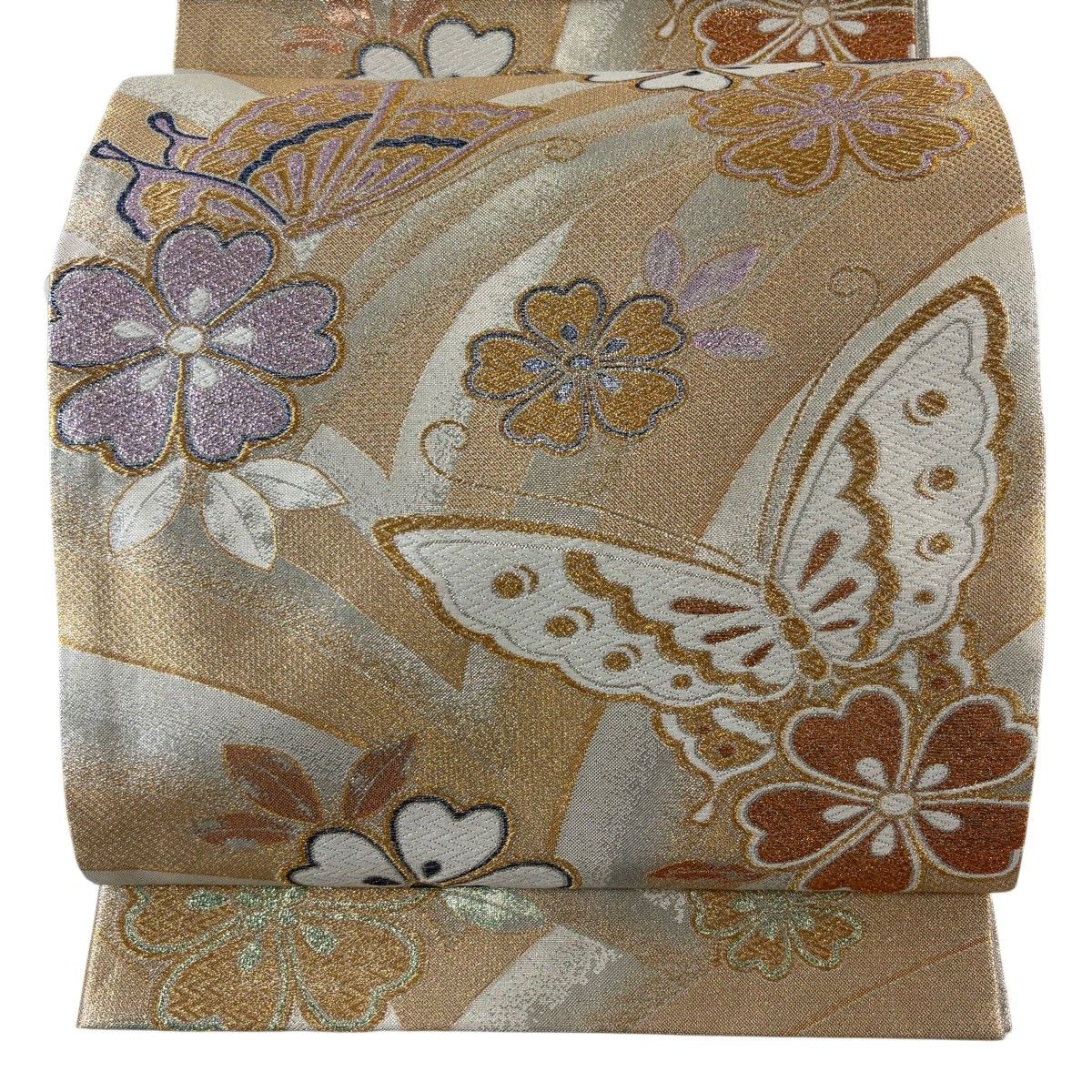 【美品】 袋帯 秀品 蝶 桜 金銀糸 箔 オレンジ 六通 正絹 【中古】