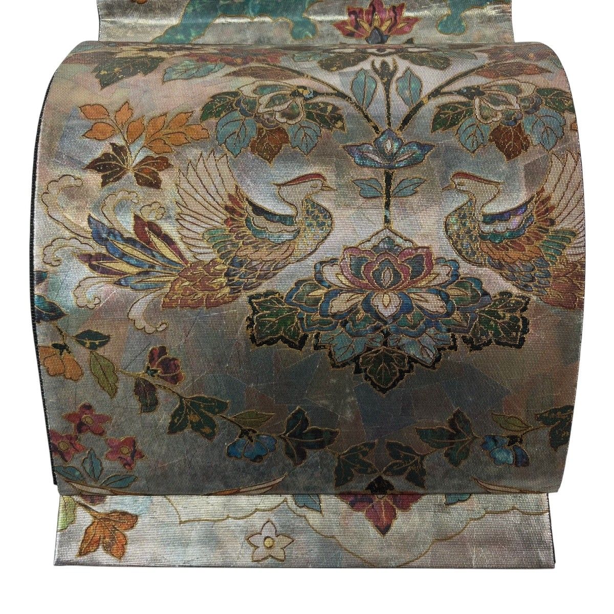 【美品】 袋帯 秀品 鳥 草花 箔 螺鈿 銀色 お太鼓柄 正絹 【中古】