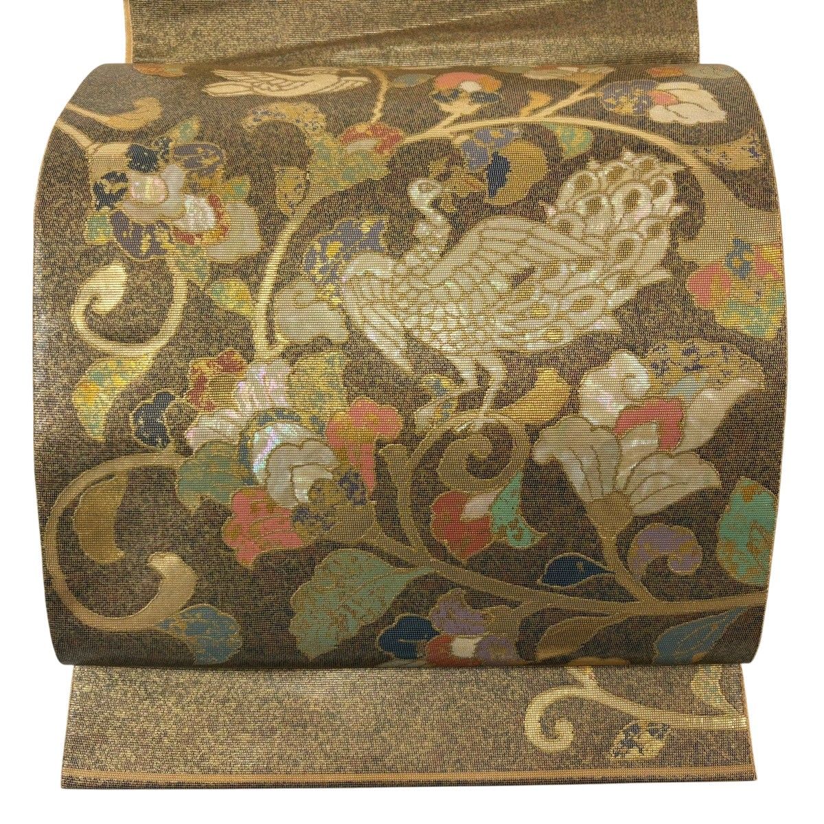 【美品】 袋帯 秀品 鳥 草花 螺鈿 箔 茶色 お太鼓柄 正絹 【中古】