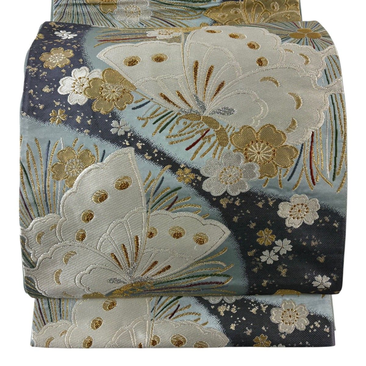 袋帯 秀品 桜 蝶 金銀糸 箔 青灰色 六通 正絹 【中古】 - メルカリ