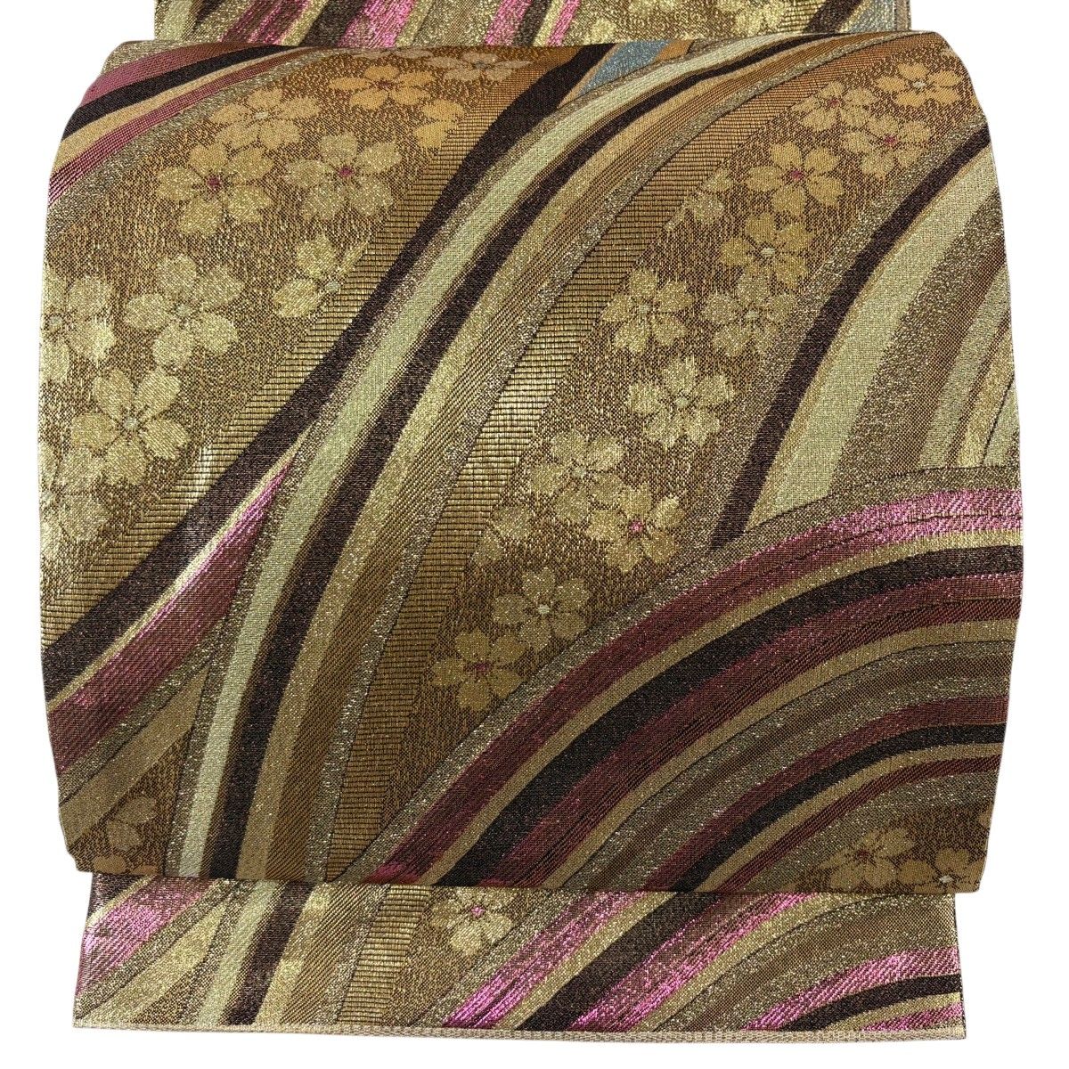 【美品】 袋帯 秀品 桜 幾何学模様 箔 金色 六通 正絹 【中古】