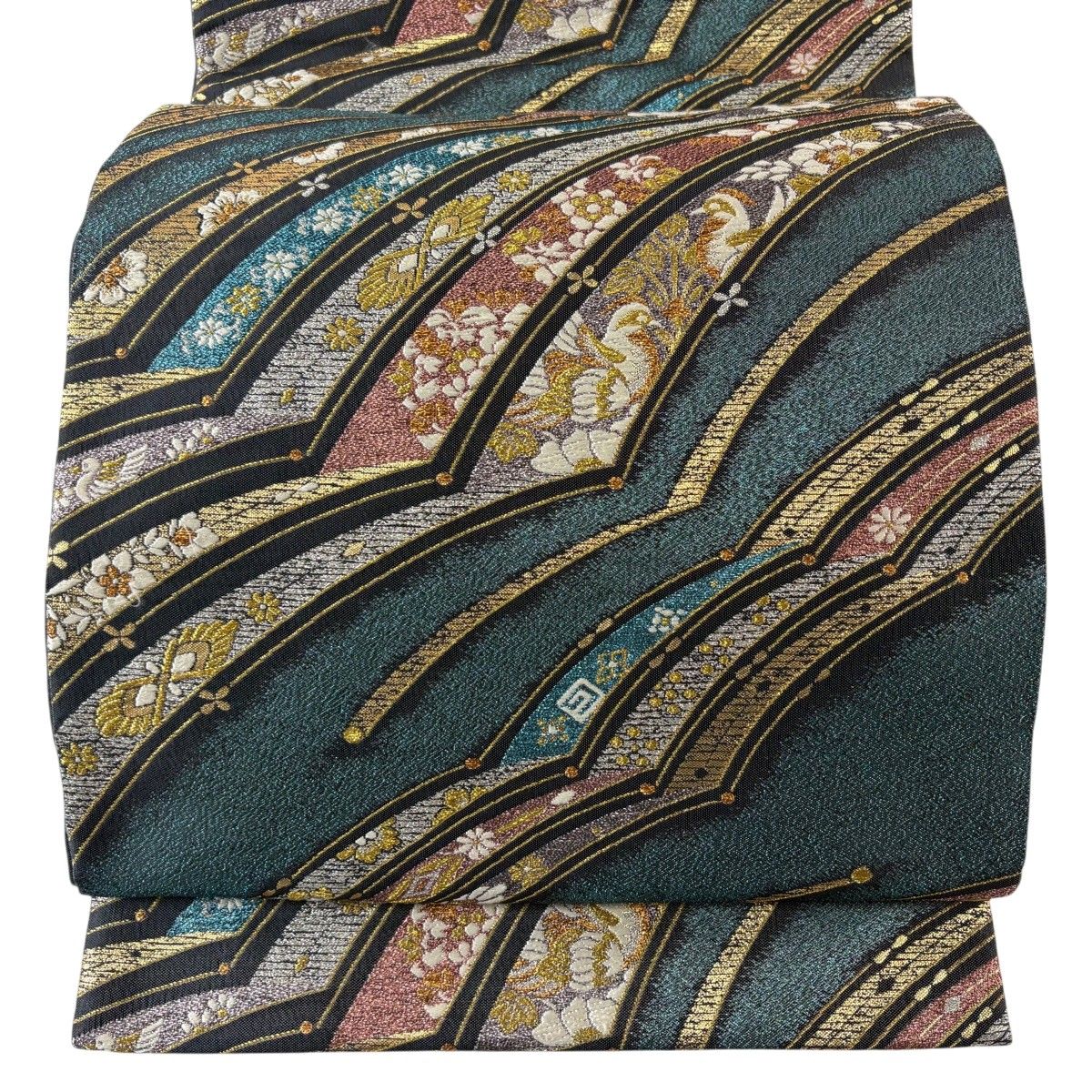 【美品】 袋帯 秀品 鳥 花唐草 金銀糸 箔 青緑 六通 正絹 【中古】