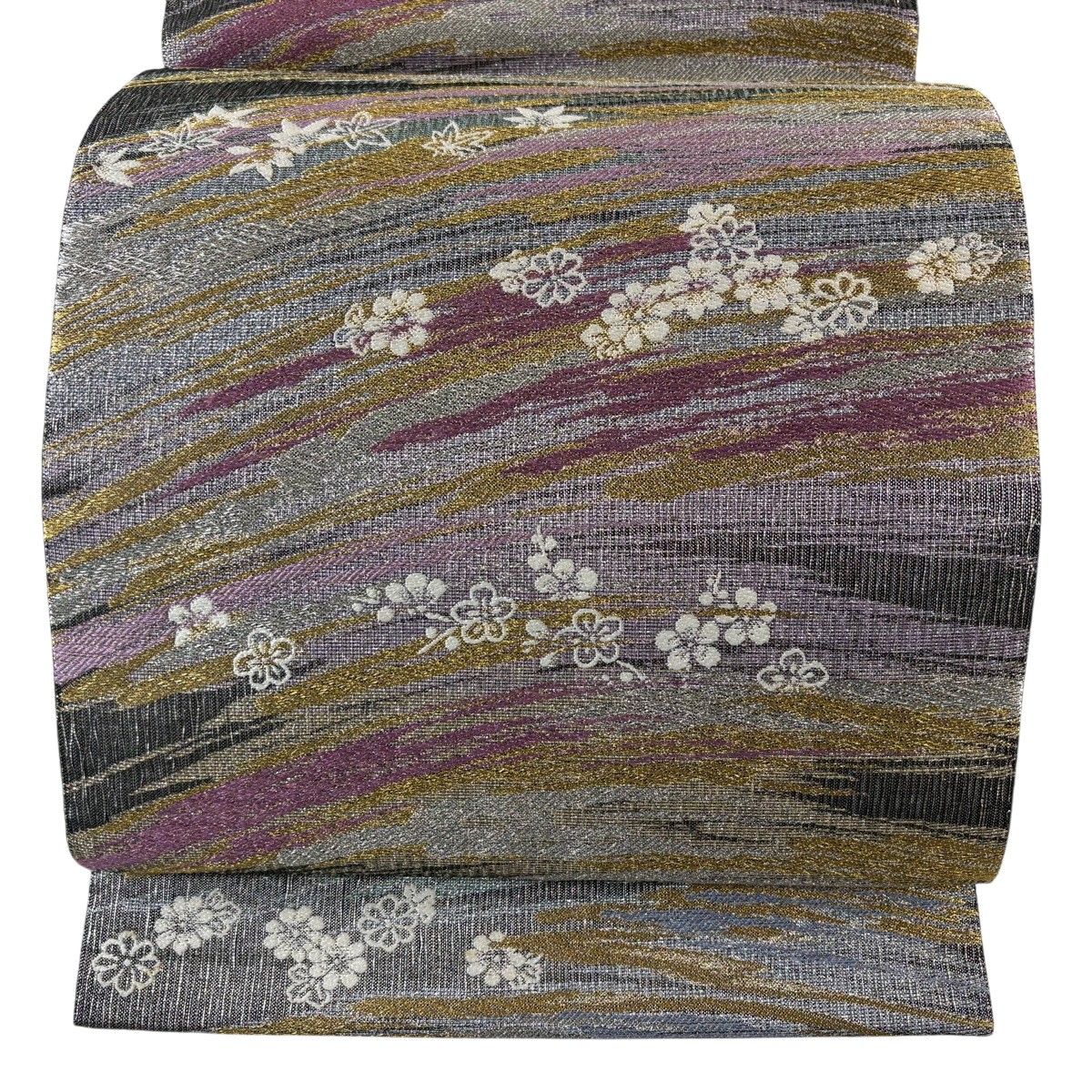 【美品】 袋帯 秀品 落款 草花 霞 金銀糸 箔 黒灰 六通 正絹 【】