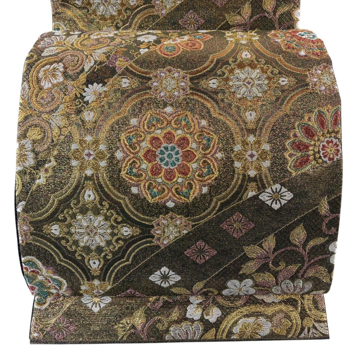 【美品】 袋帯 秀品 華文 花唐草 箔 金銀糸 緑 六通 正絹 【中古】