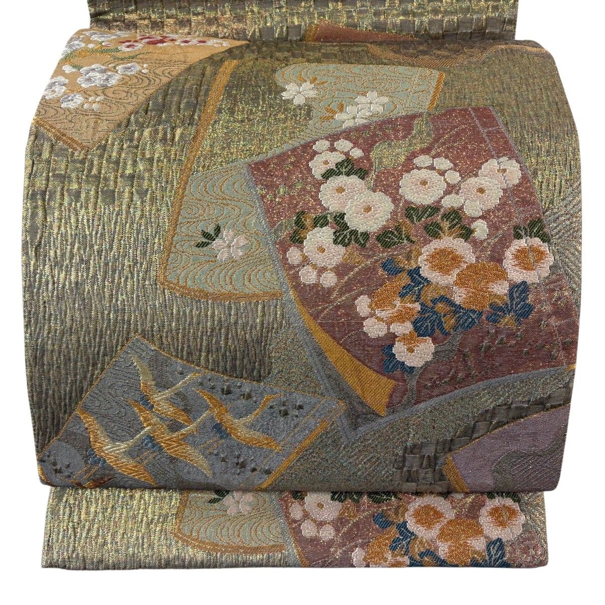 【美品】 袋帯 秀品 草花 冊子 金糸 箔 茶緑色 六通 正絹 【中古】
