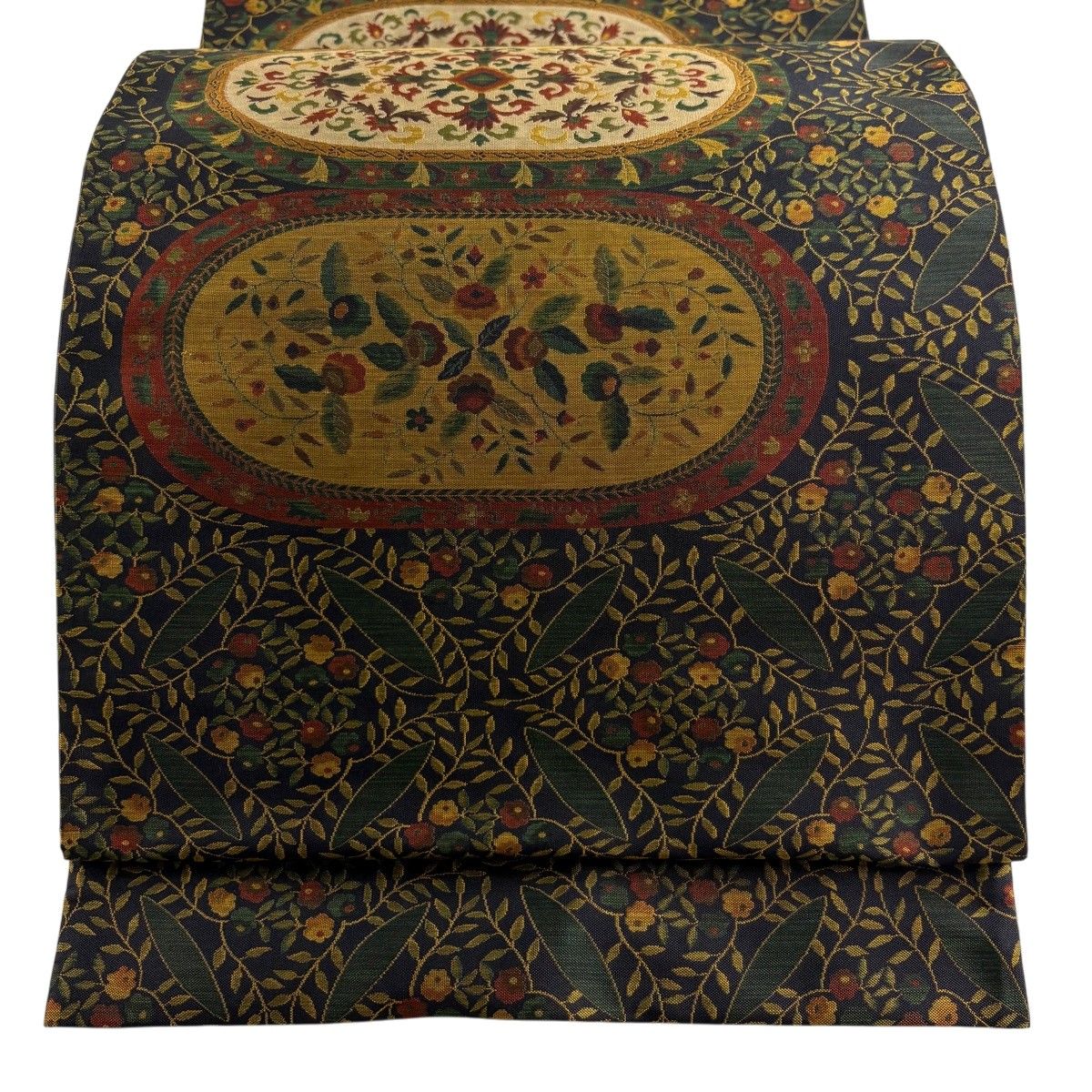 【美品】 袋帯 秀品 木屋太 落款 七宝 草花 深緑 全通 正絹 【中古】
