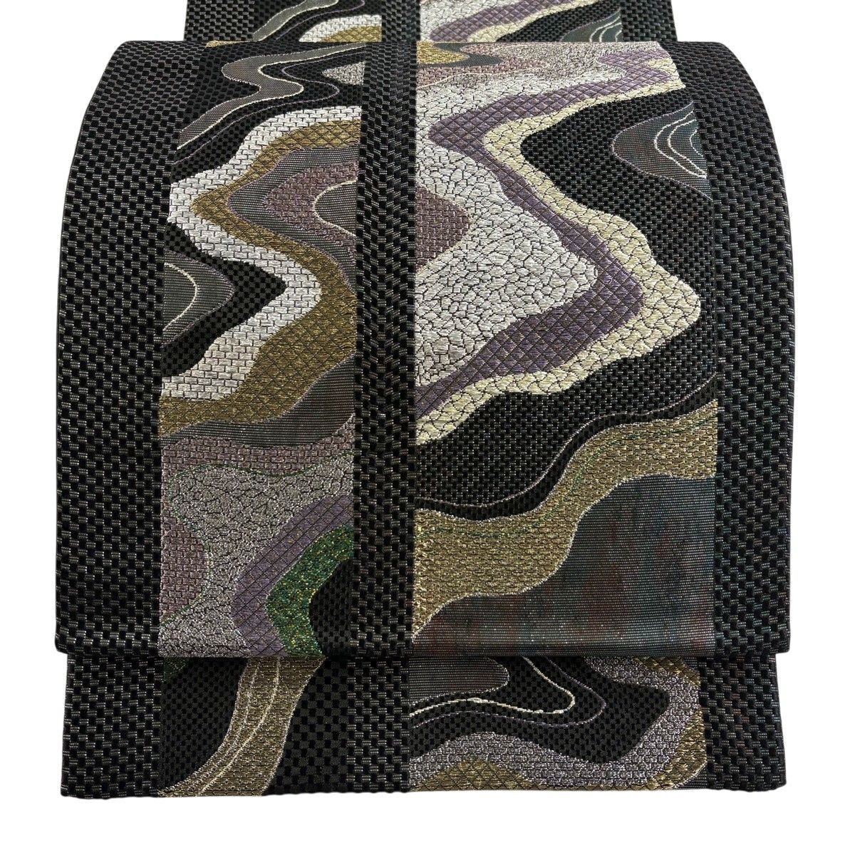 【美品】 袋帯 秀品 流水 金糸 箔 黒 六通 正絹 【中古】