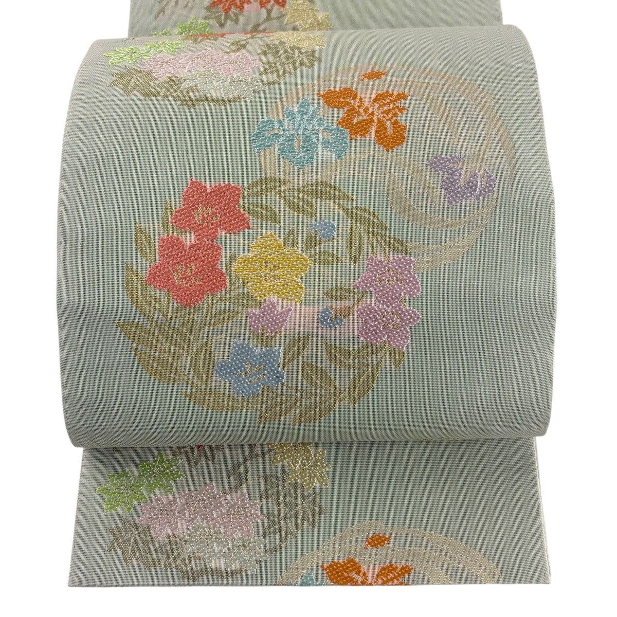 袋帯 秀品 夏帯 紗 花丸文 金糸 箔 薄緑 全通 正絹 【中古】