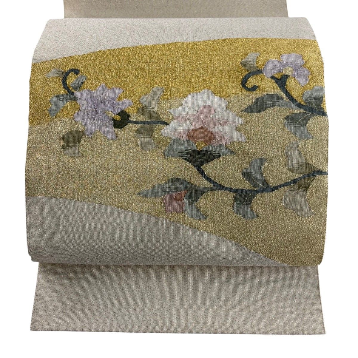【美品】 名古屋帯 秀品 松葉仕立て 八寸名古屋帯 草花 金糸 箔 ベージュ 正絹 【中古】