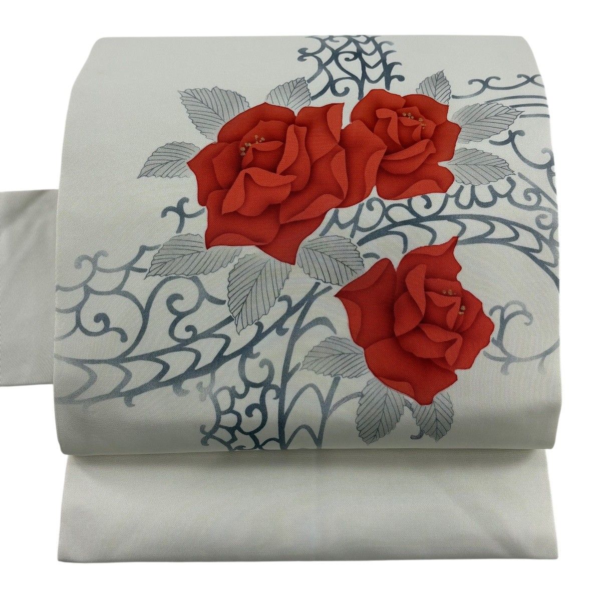 【美品】 名古屋帯 秀品 薔薇 幾何学模様 金彩 クリーム 正絹 【中古】
