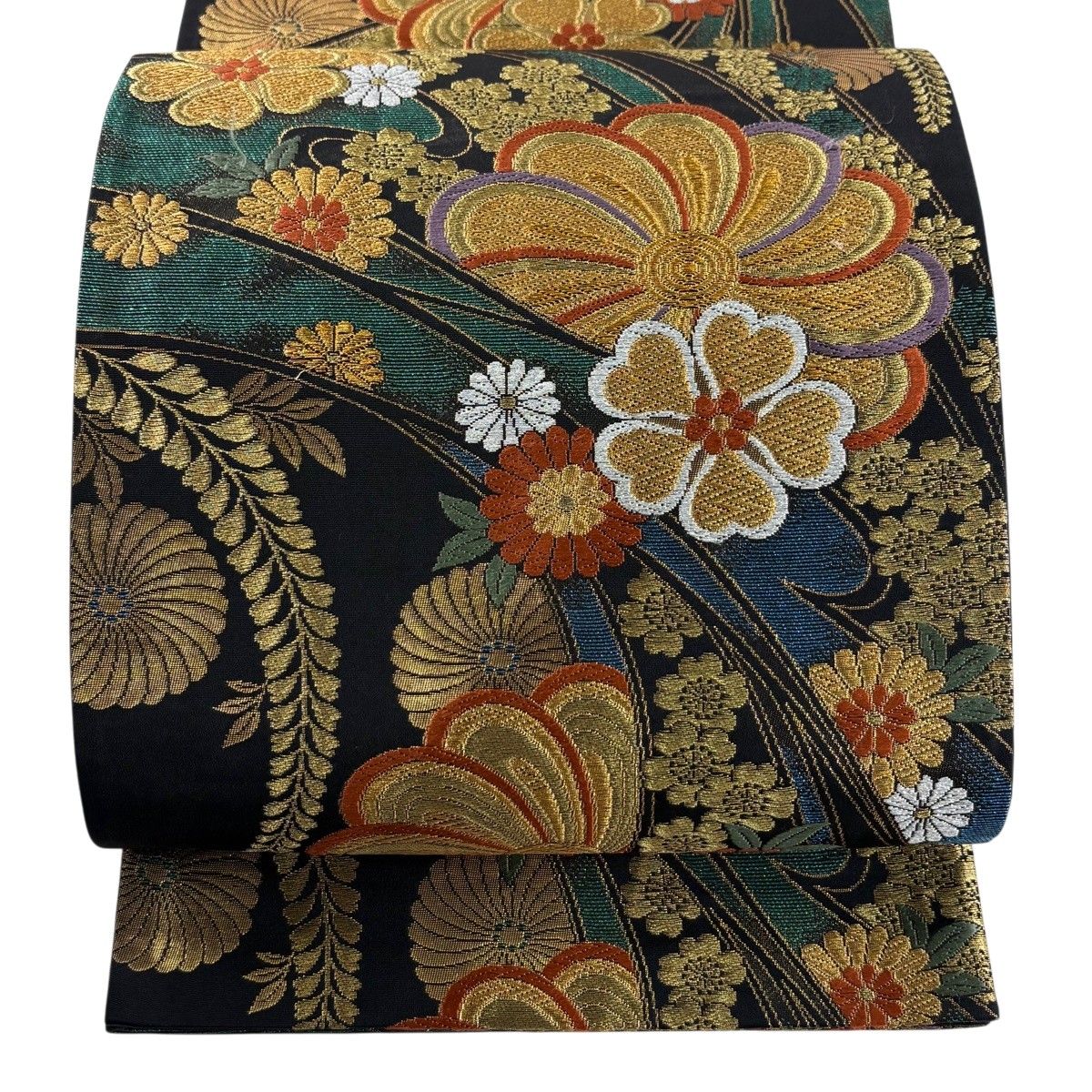 袋帯 秀品 花 桜 箔 金糸 黒 六通 正絹 【中古】