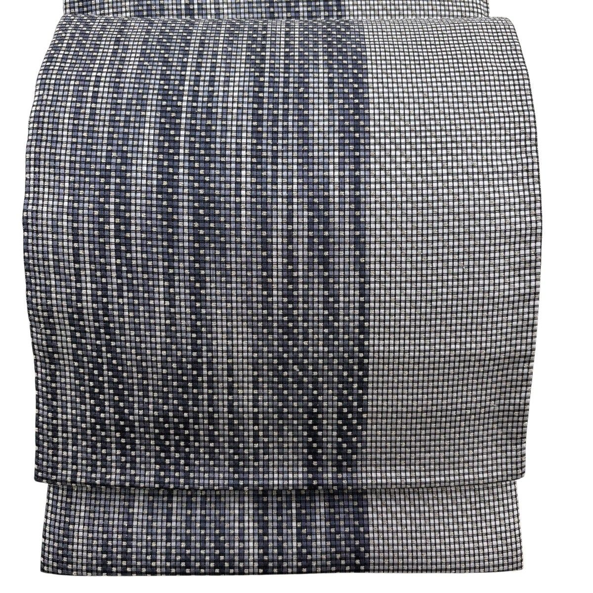 【美品】 袋帯 秀品 幾何学 箔 青灰色 全通 正絹 【中古】