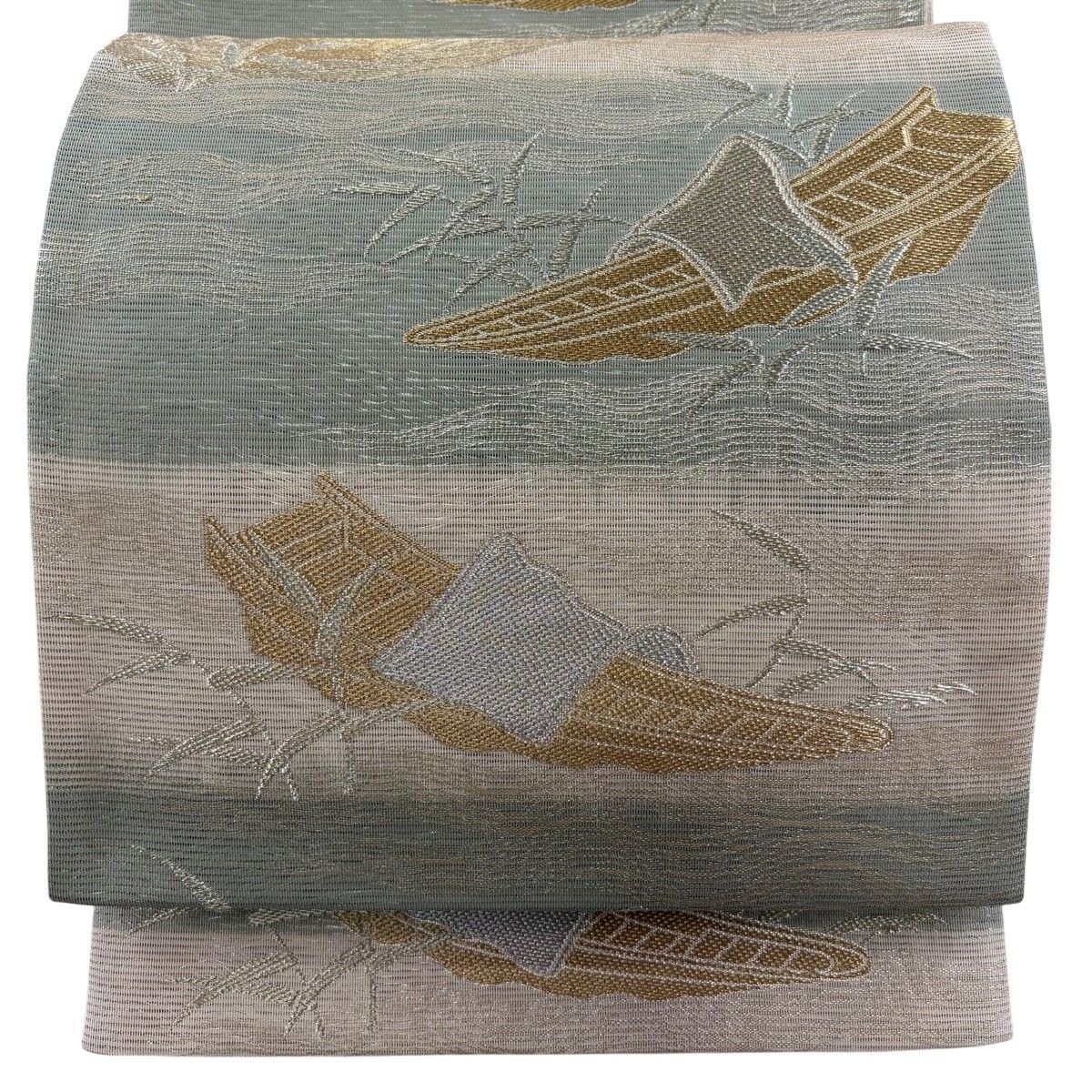 【美品】 袋帯 秀品 夏帯 絽 舟 葉 箔 金銀糸 灰緑 六通 正絹 【中古】