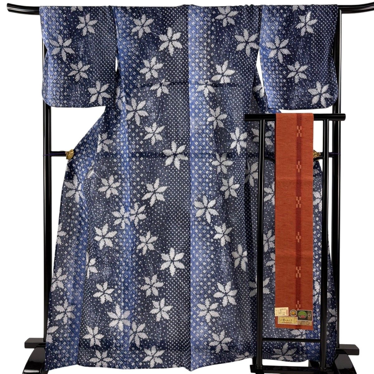 【美品】 浴衣 身丈167cm 裄丈67cm M 半幅帯セット 絞り浴衣 花 ぼかし 紺色 綿 名品 【中古】