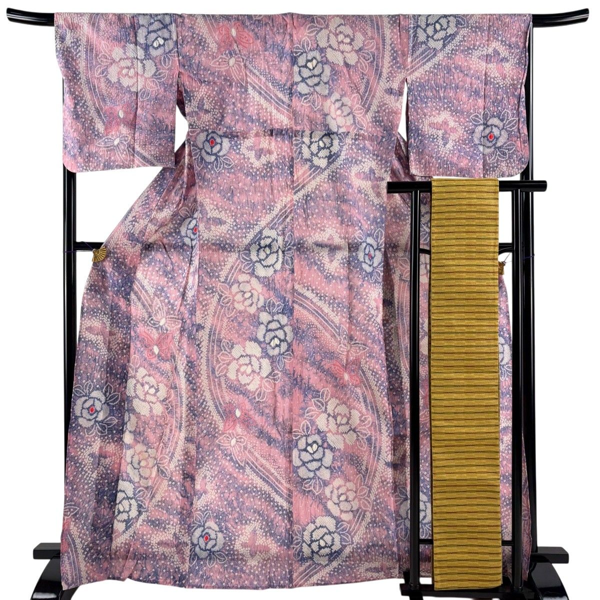 浴衣 身丈167cm 裄丈67cm M 半幅帯セット 絞り浴衣 薔薇 蝶 ピンク 綿 名品 【中古】