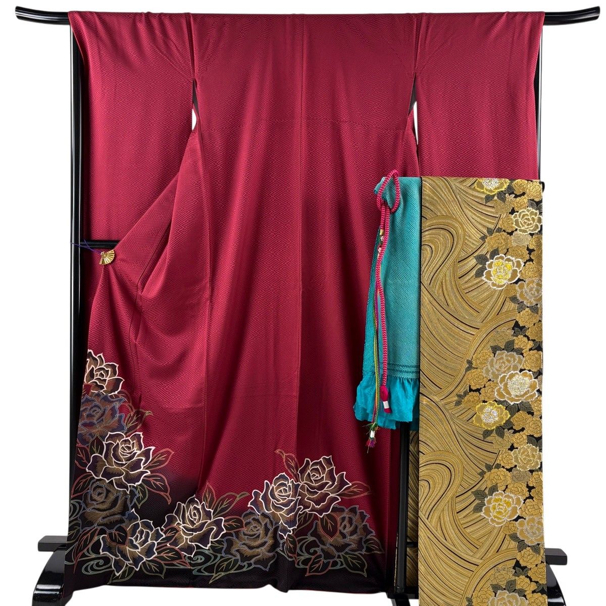 美品】振袖 身丈170cm 裄丈68cm L 袷 袋帯フルセット 薔薇 金彩 ぼかし 