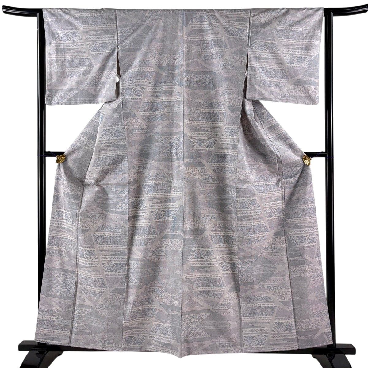 【美品】 大島紬 身丈160.5cm 裄丈63cm S 袷 都喜ヱ門 証紙 草花 幾何学模様 灰紫 正絹 逸品 【中古】