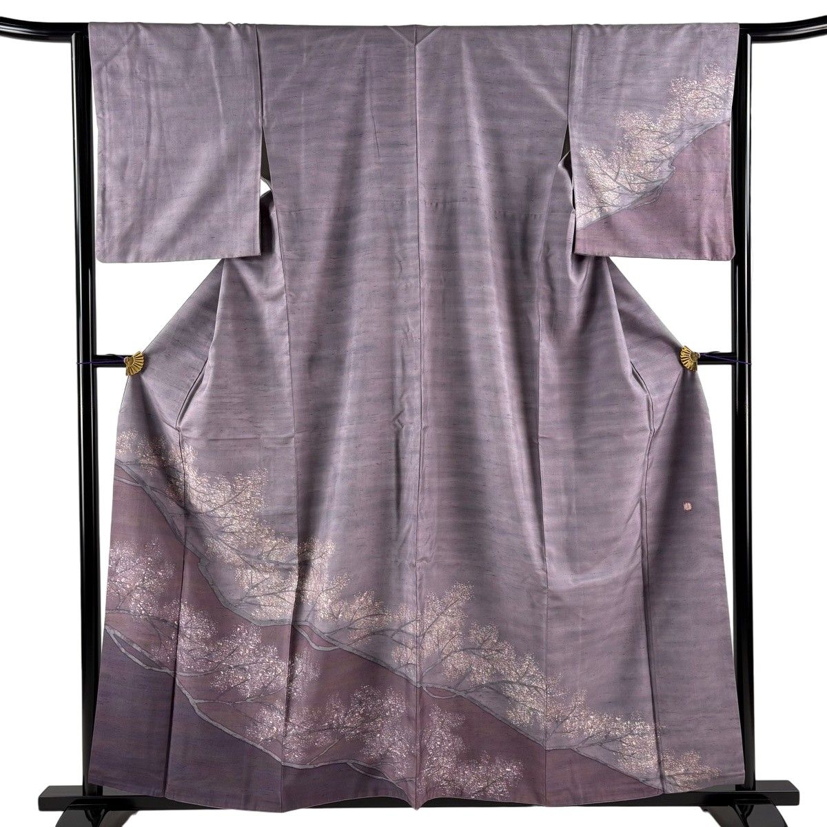 【美品】 訪問着 身丈158cm 裄丈64.5cm M 袷 牛首紬地 落款 枝花 灰紫 正絹 逸品 【中古】