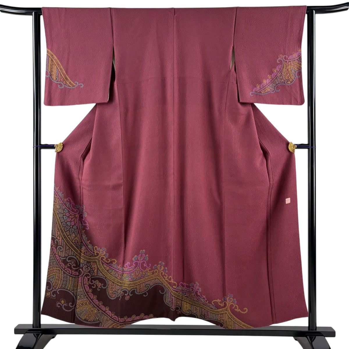 訪問着 身丈154.5cm 裄丈61.5cm S 袷 滝泰 落款 草花 幾何学模様 金彩 ぼかし 赤紫 正絹 逸品 【中古】