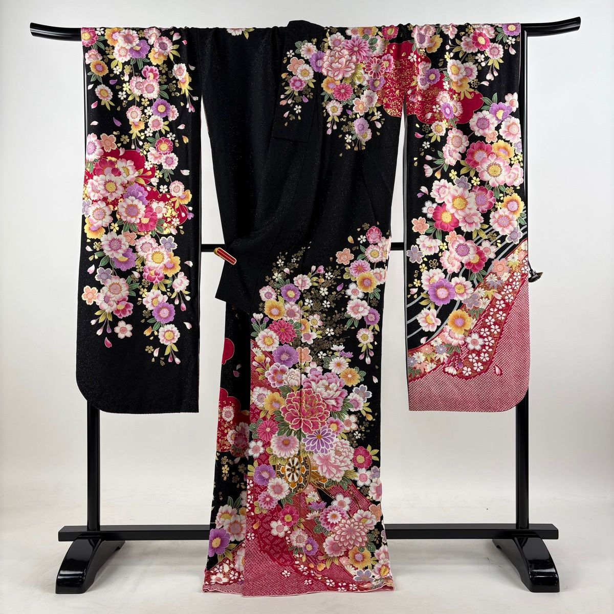 美品】 振袖 身丈173.5cm 裄丈72.5cm L 袷 花車 桜 箔 銀通し 黒 正絹