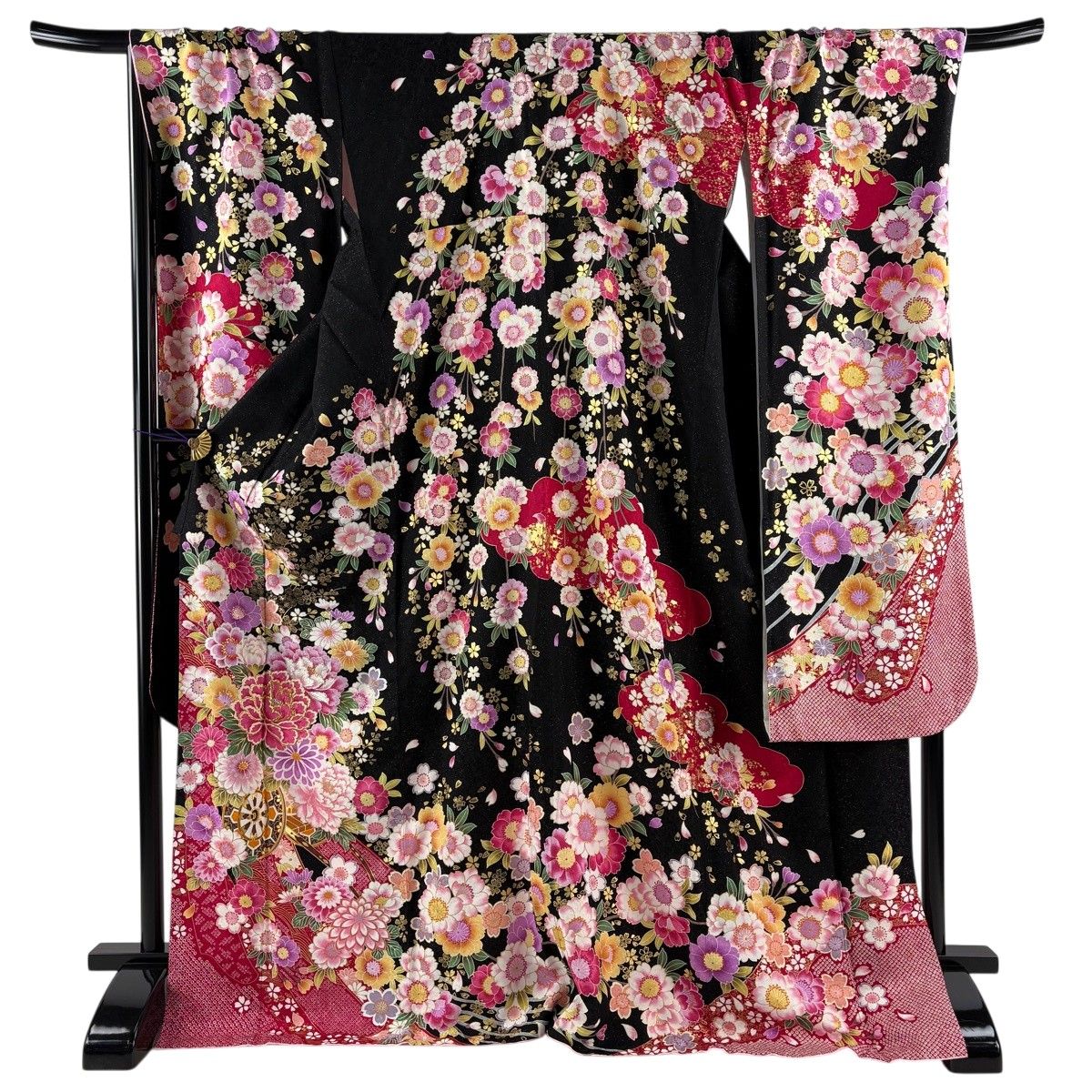 【美品】 振袖 身丈173.5cm 裄丈72.5cm L 袷 花車 桜 箔 銀通し 黒 正絹 逸品 【中古】