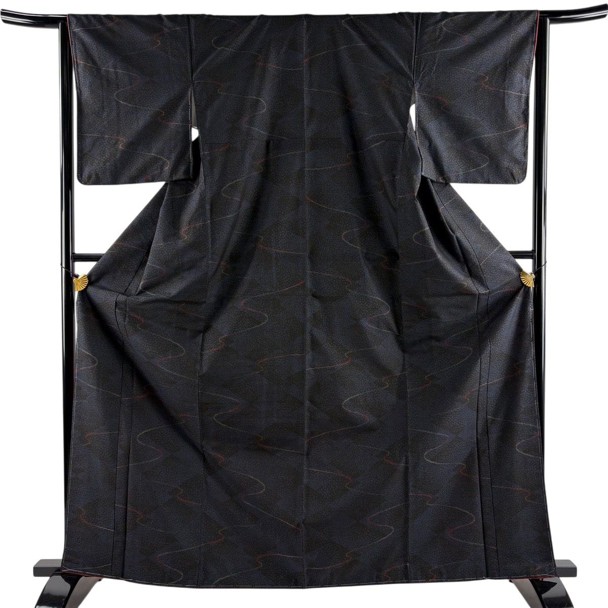 紬 身丈166cm 裄丈64.5cm M 袷 流水 幾何学 紺色 正絹 名品 【中古】