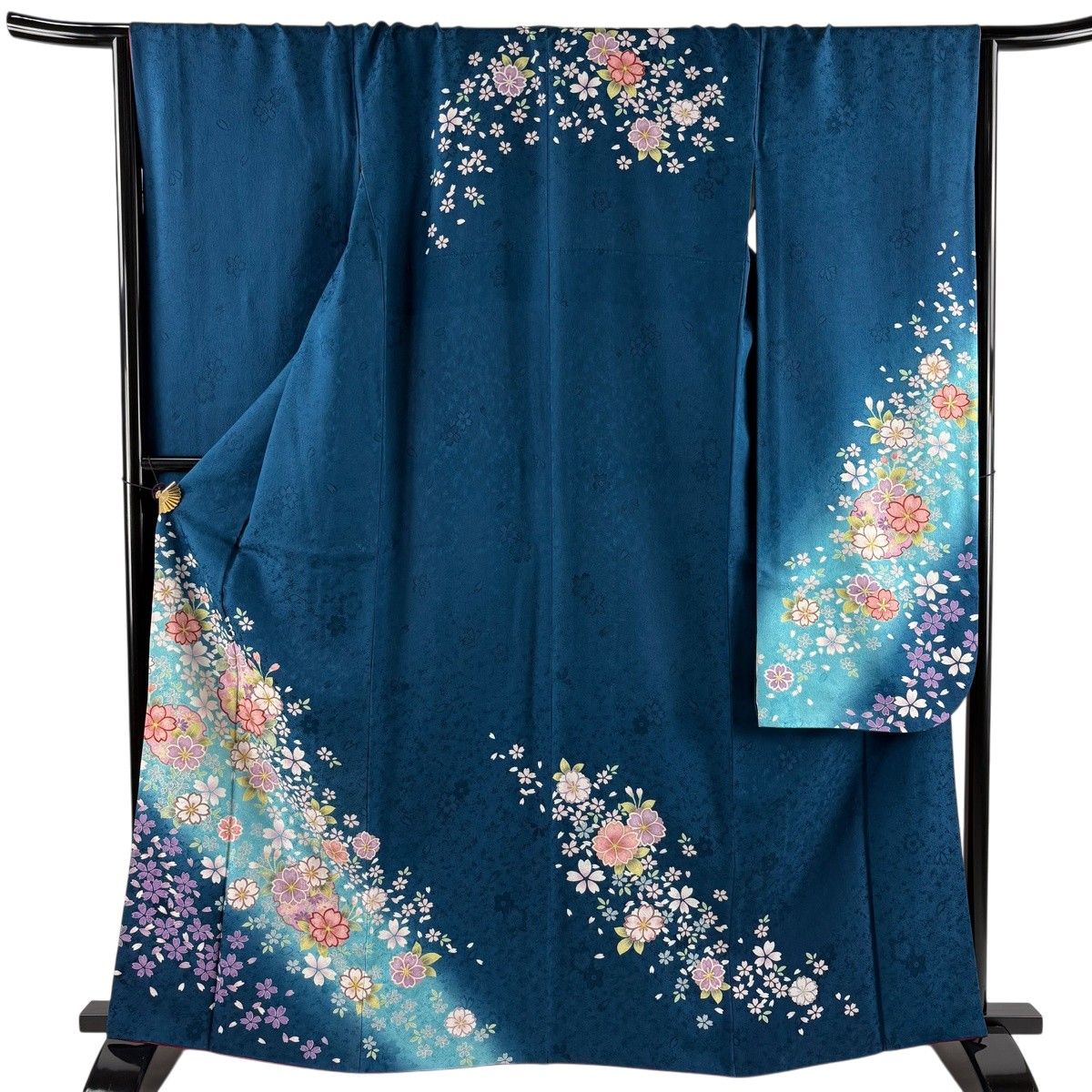 美品】 振袖 身丈165cm 裄丈67cm M 袷 桜 雪輪 金彩 染め分け 青 正絹
