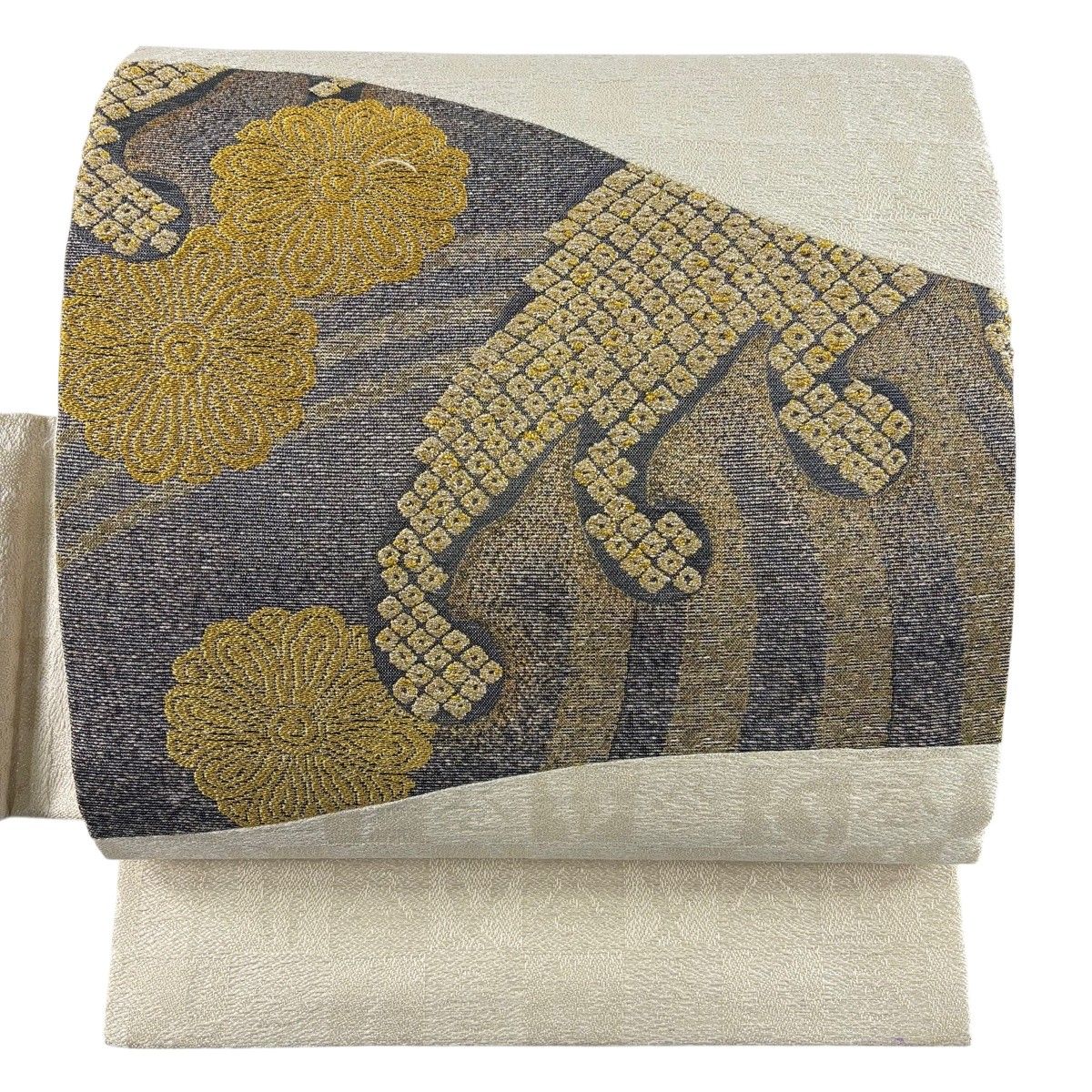 【美品】 名古屋帯 逸品 菊 波頭 箔 切り嵌め クリーム 正絹 【中古】