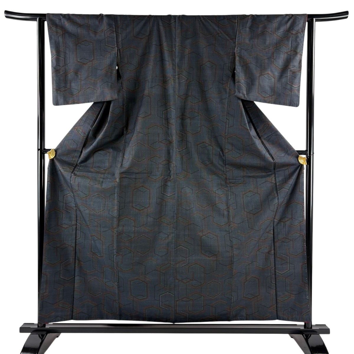 美品 紬 身丈159cm 裄丈65cm M 単衣 ほていや 幾何学 茶紫