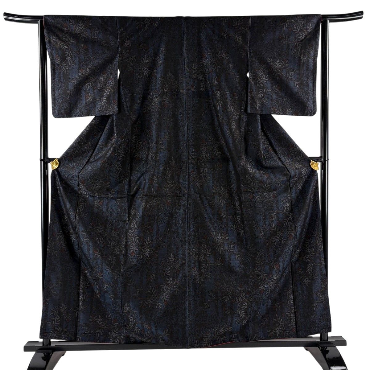 紬 身丈160cm 裄丈63cm S 袷 葉と実 縦縞 濃紺 正絹 優品 【中古