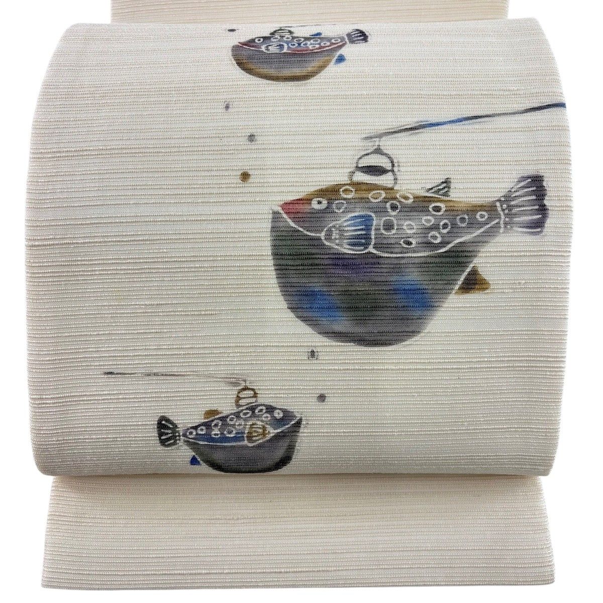 【美品】 開き名古屋帯 名品 落款 夏帯 フグ ベージュ 正絹 【中古】