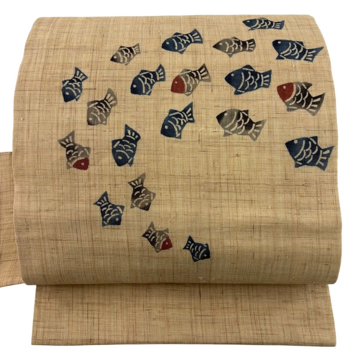 【美品】 名古屋帯 名品 落款 夏帯 夏紬地 魚 薄茶色 麻 【中古】