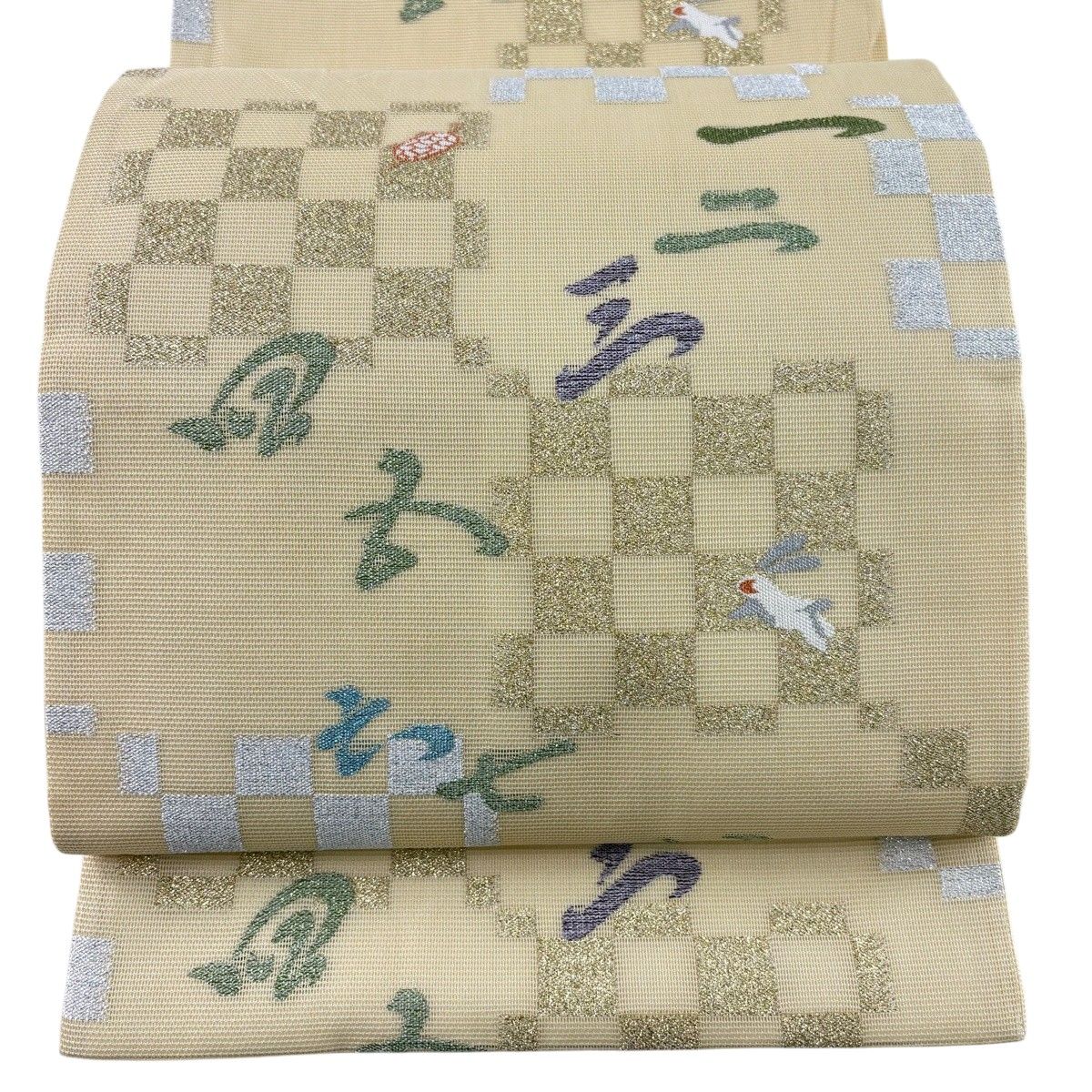 【美品】 袋帯 名品 夏帯 紗 うさぎ 市松 箔 ベージュ 六通 正絹 【中古】