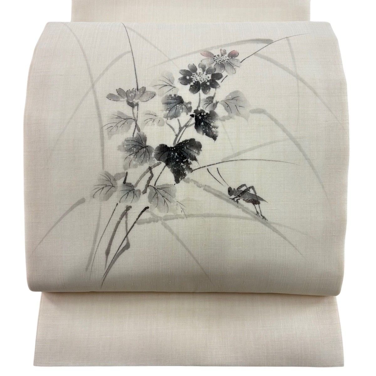 開き名古屋帯 名品 夏帯 草花 昆虫 ベージュ 正絹 【中古】