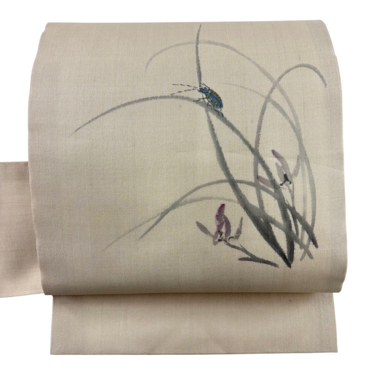 【美品】 名古屋帯 名品 落款 夏帯 草花 昆虫 灰茶 正絹 【中古】