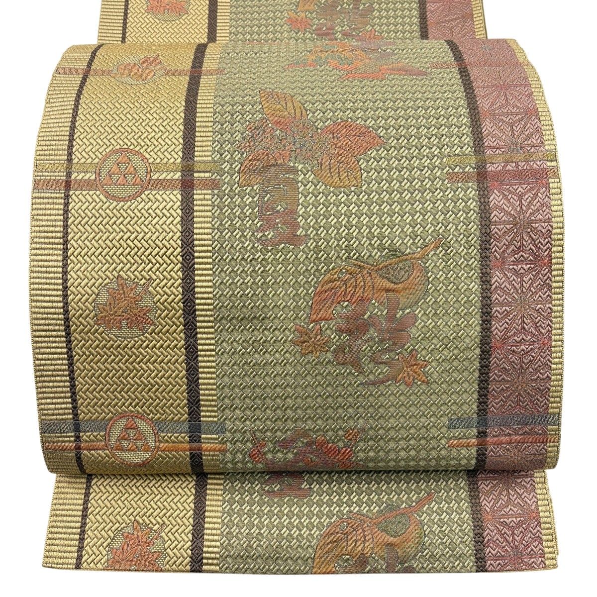 名古屋帯 名品 八寸名古屋帯 文字文 葉柄 灰緑 正絹 【中古】