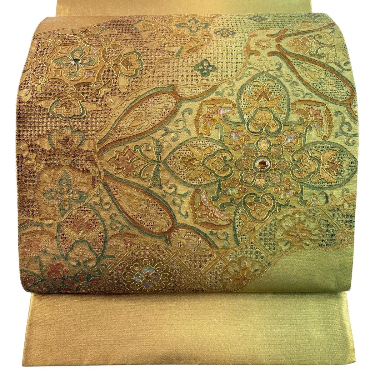 袋帯 名品 華文 道長取り 刺繍 箔 金色 お太鼓柄 正絹 【中古】