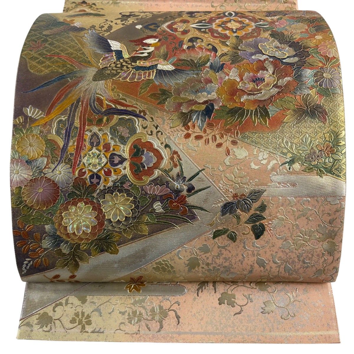 袋帯 名品 関西仕立て 華文 鳳凰 螺鈿 金銀彩 ピンク お太鼓柄 正絹 【中古】