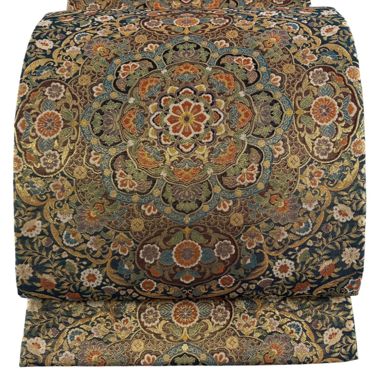 【美品】 袋帯 名品 華文 草花 箔 金糸 緑 六通 正絹 【中古】