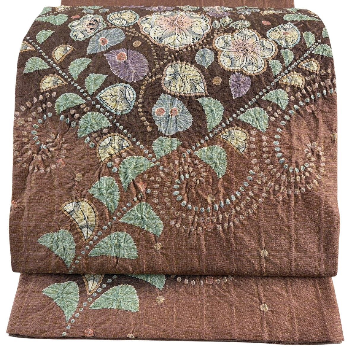 【美品】 袋帯 名品 花唐草 菱 金糸 ぼかし 薄小豆 お太鼓柄 正絹 【中古】