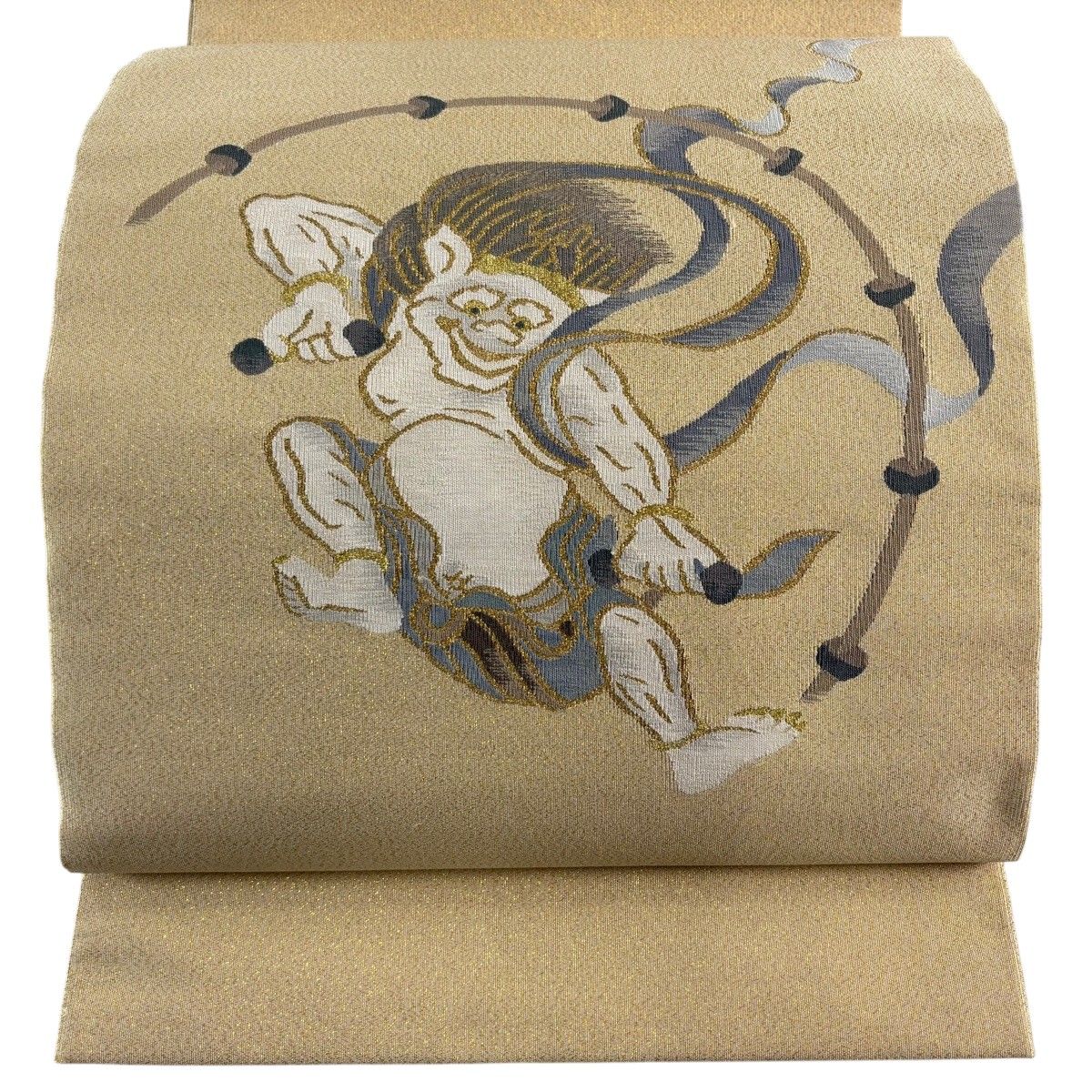 【美品】 袋帯 名品 北野天神絵巻雷神 箔 ベージュ お太鼓柄 正絹 【中古】