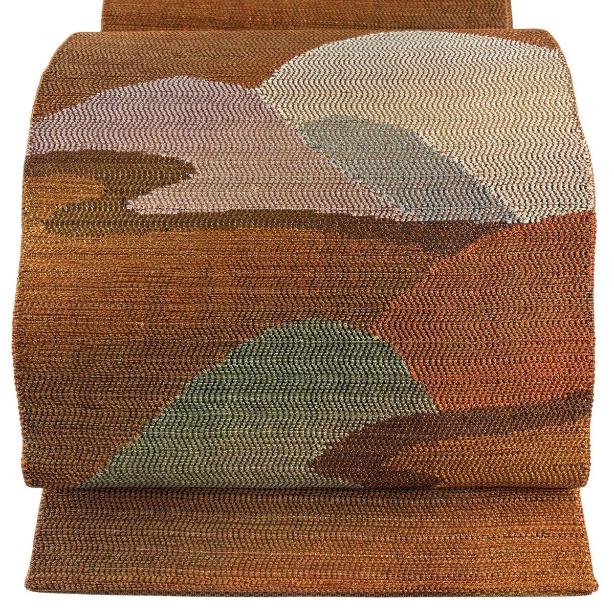 【美品】 袋帯 名品 証紙 山並み ヱ霞 箔 茶色 お太鼓柄 正絹 【中古】
