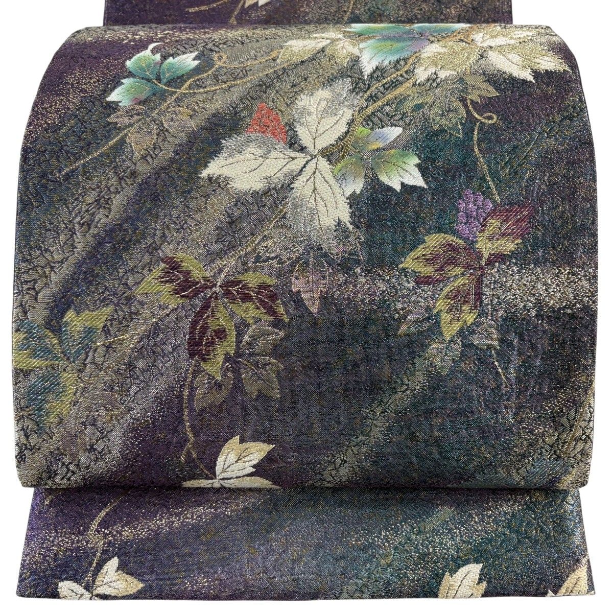 【美品】 袋帯 名品 葉と実 霞 プラチナ箔 本金箔 紫 六通 正絹 【中古】