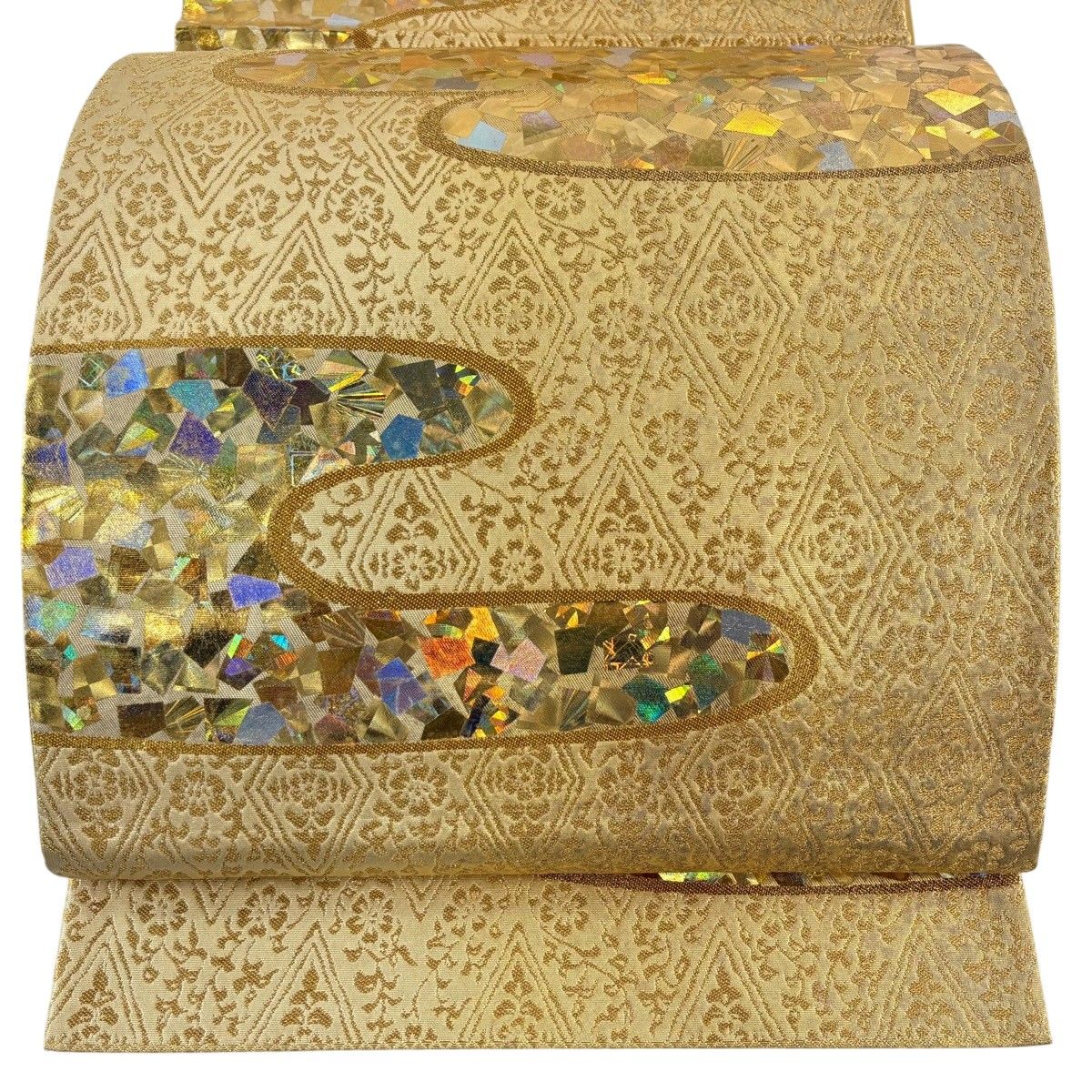 【美品】 袋帯 名品 堀省平 落款 ヱ霞 箔散らし 箔 金糸 金色 お太鼓柄 正絹 【中古】