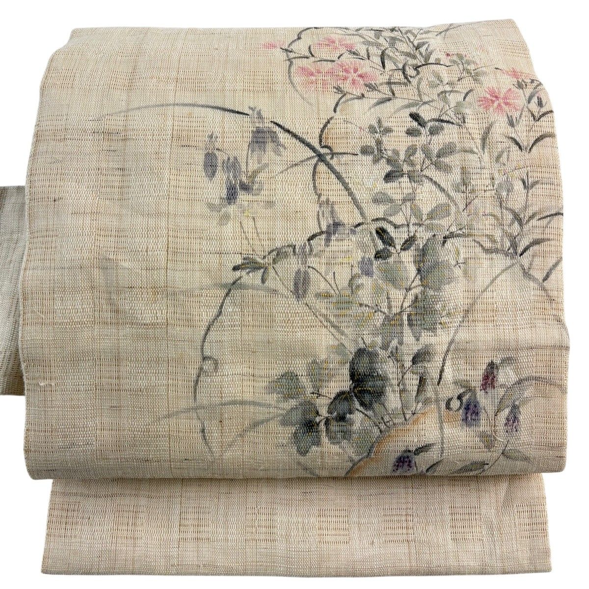 名古屋帯 名品 落款 夏帯 草花 雪輪 金彩 ベージュ 正絹 【中古】
