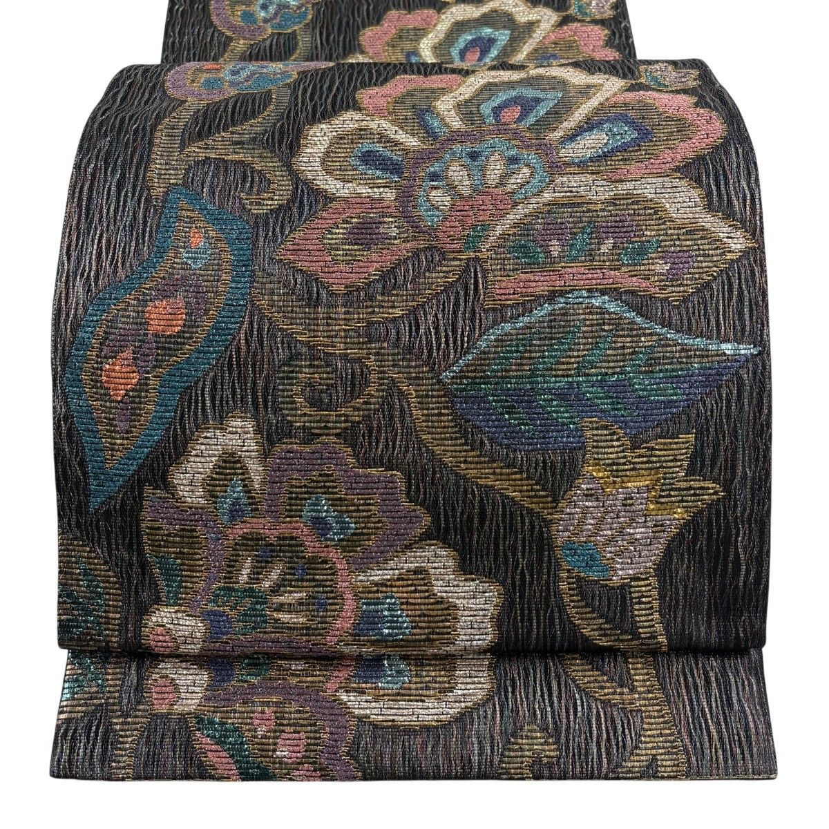 【美品】 袋帯 秀品 関西仕立て 花唐草 箔 ラメ糸 黒 六通 正絹 【中古】