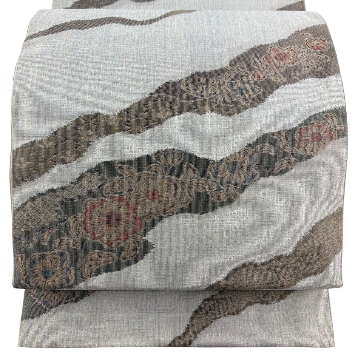 袋帯 秀品 鈴乃屋 霞 草花 ベージュ 六通 正絹 【中古】