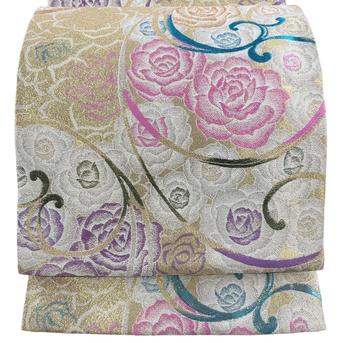 袋帯 秀品 振袖向き 薔薇 箔 灰白 六通 正絹 【中古】