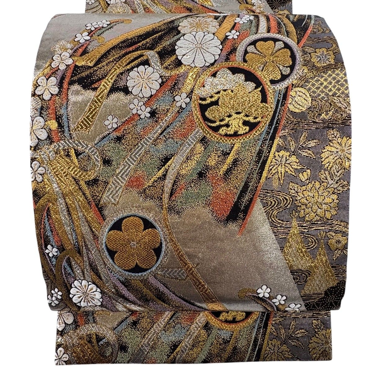 【美品】 袋帯 秀品 花 束ね熨斗 金糸 箔 銀色 六通 正絹 【中古】